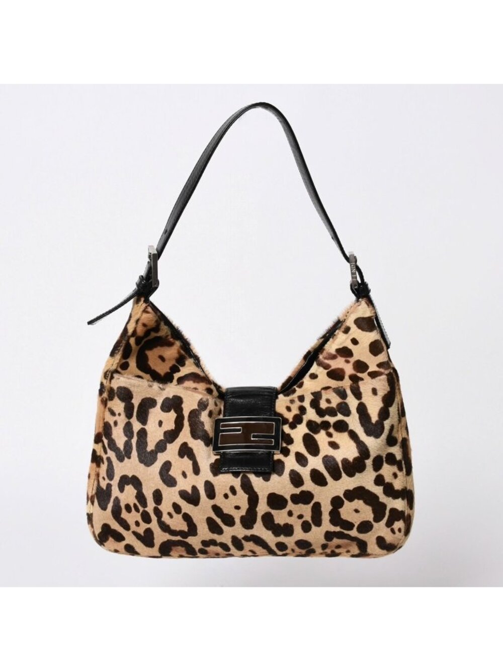 Fendi Mamma Bucket Bag Leopard Calf Hair Leather Brown Silver
